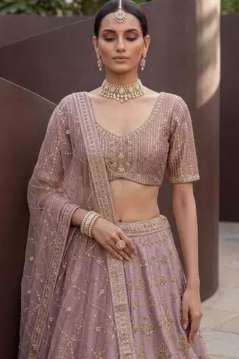 onion pink silk blend embroidered lehenga choli