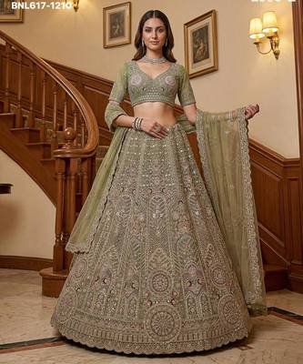 light parrot green net embroidered lehenga choli 1