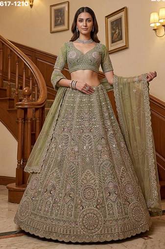 light parrot green net embroidered lehenga choli