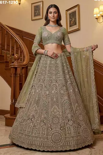 light parrot green net embroidered lehenga choli