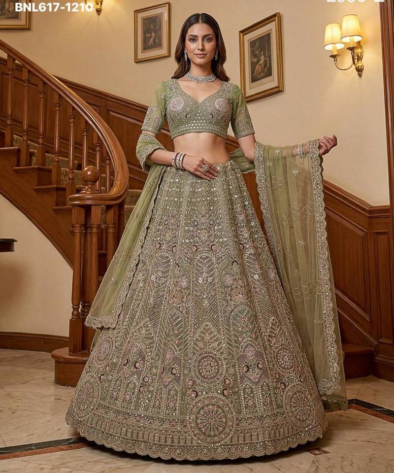 light parrot green net embroidered lehenga choli