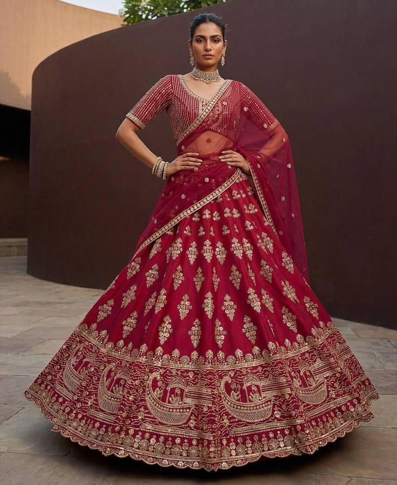 rani pink silk blend embroidered lehenga choli