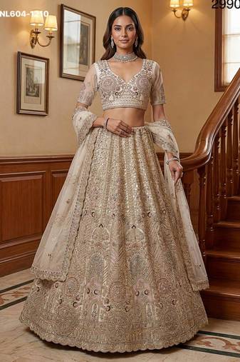 beige net embroidered lehenga choli
