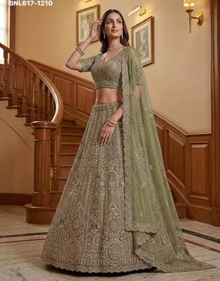 light parrot green net embroidered lehenga choli 2
