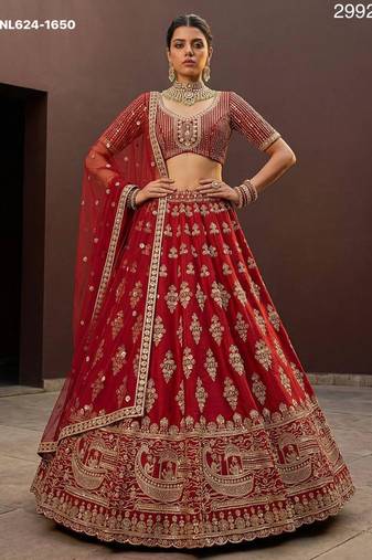 red silk blend embroidered lehenga choli
