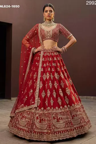 red silk blend embroidered lehenga choli