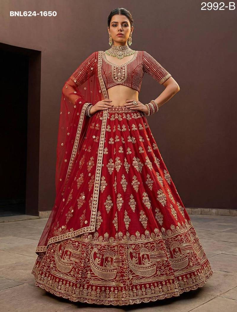 red silk blend embroidered lehenga choli