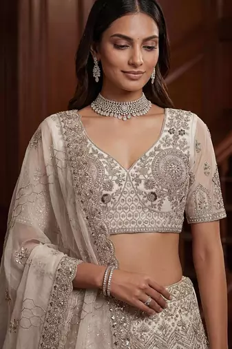 beige net embroidered lehenga choli