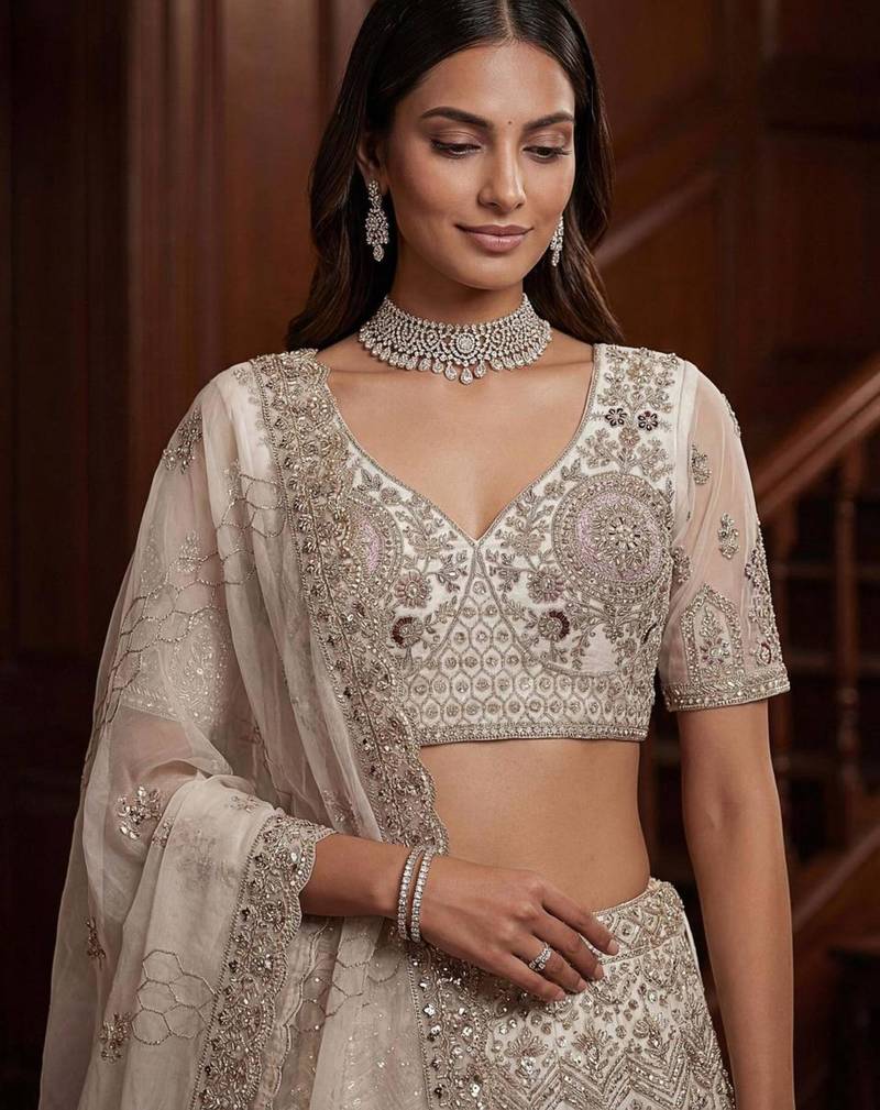 beige net embroidered lehenga choli