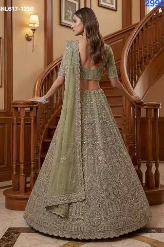 light parrot green net embroidered lehenga choli