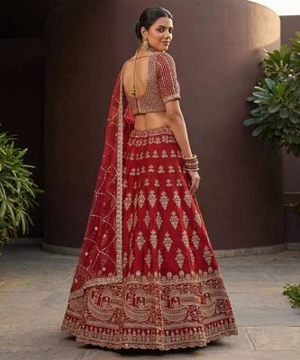 red silk blend embroidered lehenga choli 2