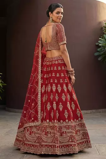 red silk blend embroidered lehenga choli