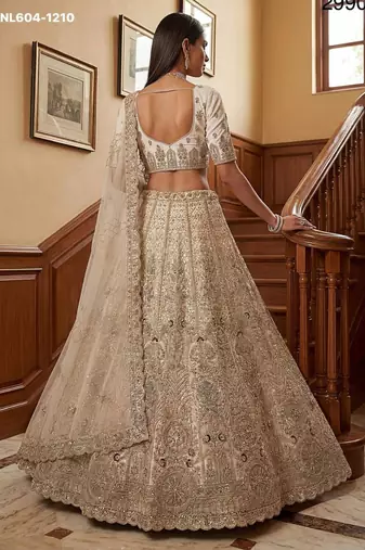 beige net embroidered lehenga choli