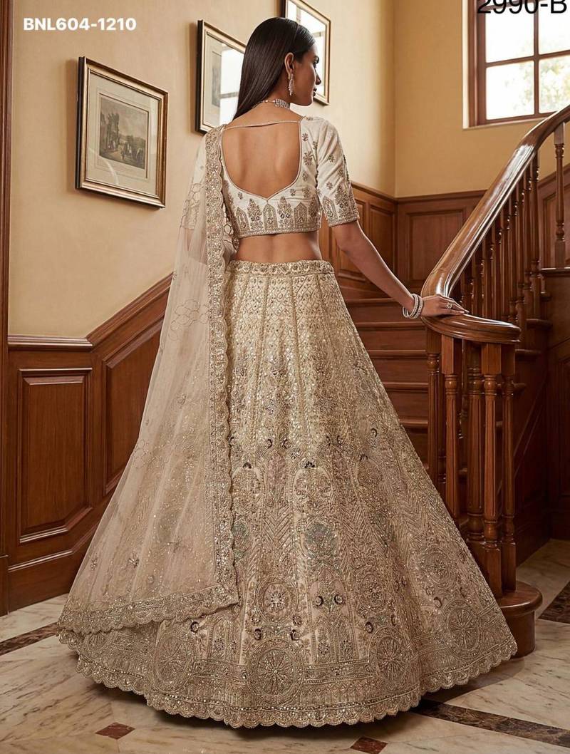 beige net embroidered lehenga choli