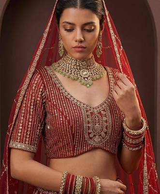red silk blend embroidered lehenga choli 4