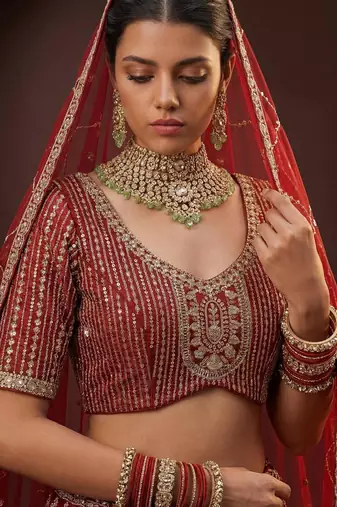 red silk blend embroidered lehenga choli
