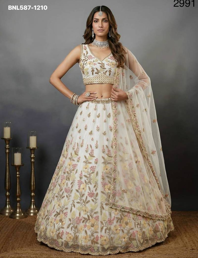 cream net embroidered lehenga choli