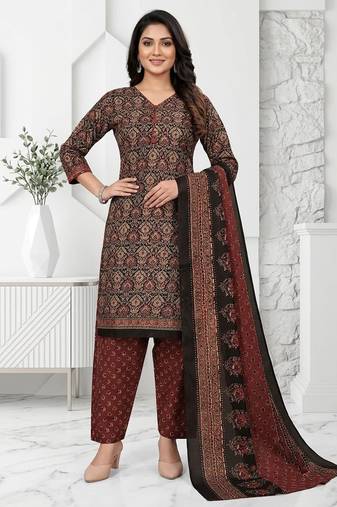 Brown printed cotton blend stitched ethnic motifs print salwar kurta dupatta for women