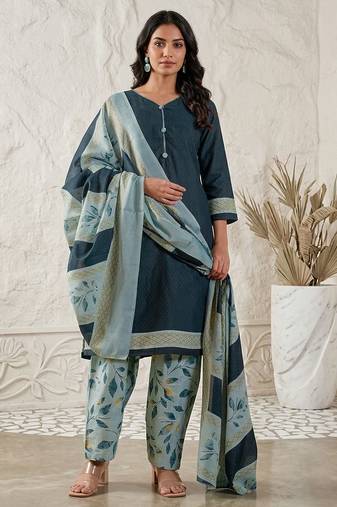 Teal printed cotton blend stitched geometric print salwar kurta dupatta for women