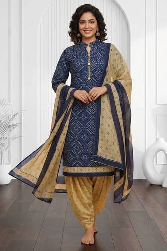 Blue printed cotton blend stitched bandhani print salwar kurta dupatta for women