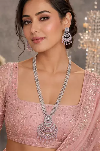 Rhodium Finish Bridal AD Long Necklace Set