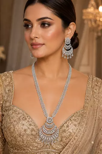 Rhodium finish premium cz long necklace set