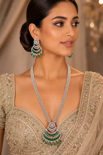 Rhodium finish grand bridal american diamond necklace set