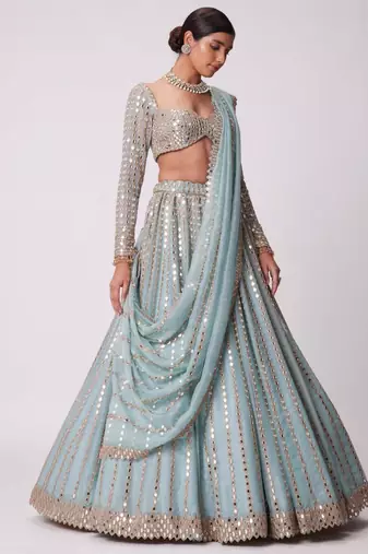 sky blue silk blend embroidered  lehenga choli