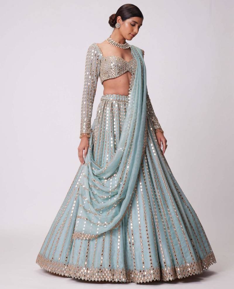 sky blue silk blend embroidered  lehenga choli