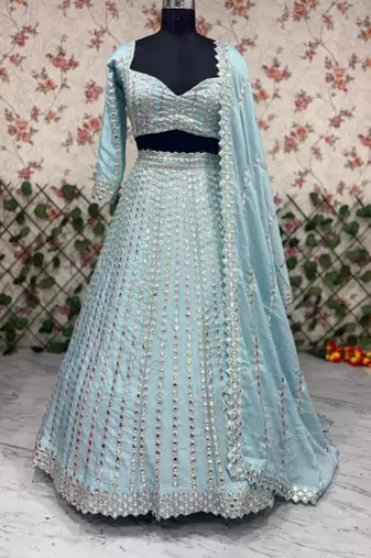 sky blue silk blend embroidered  lehenga choli