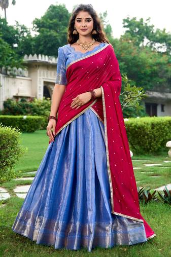 blue art silk printed Onam lehenga choli