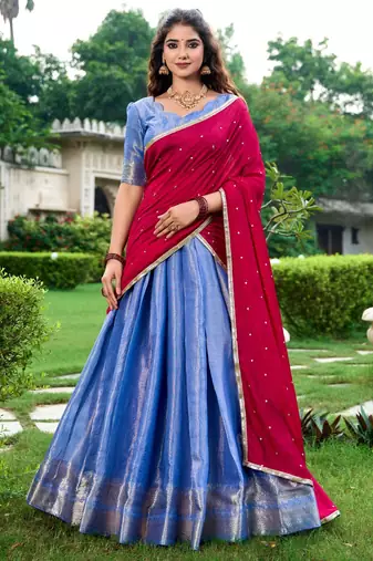 blue art silk printed Onam lehenga choli