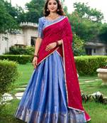blue art silk printed Onam lehenga choli