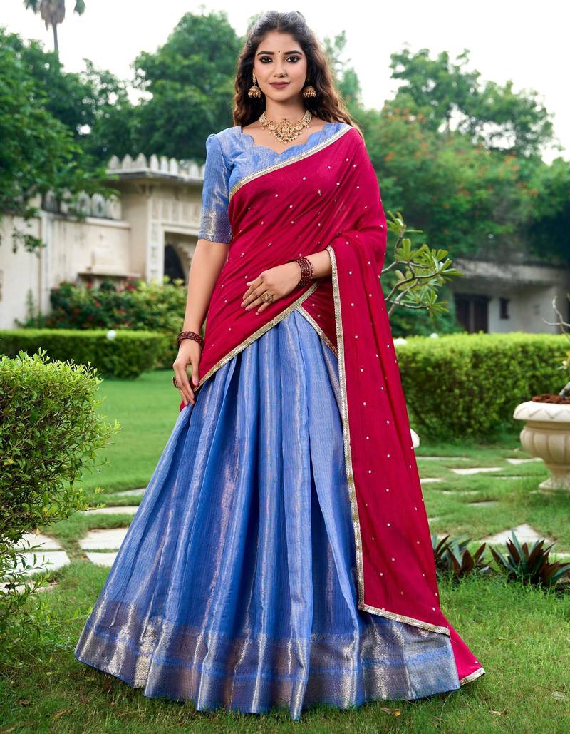 blue art silk printed Onam lehenga choli