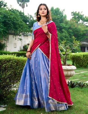 blue art silk printed Onam lehenga choli 2