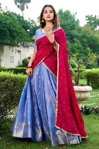 blue art silk printed Onam lehenga choli