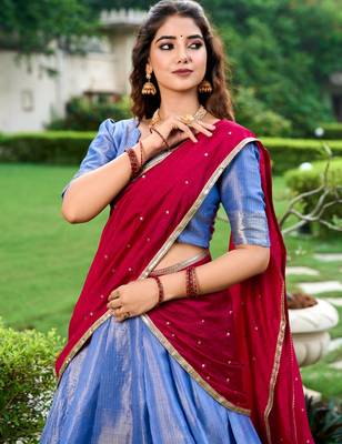 blue art silk printed Onam lehenga choli 3