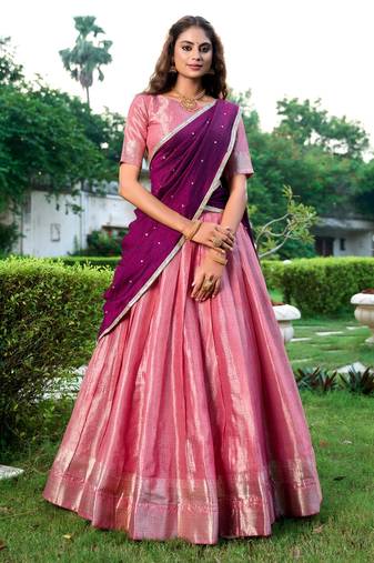 pink art silk printed Onam lehenga choli