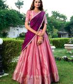 pink art silk printed Onam lehenga choli