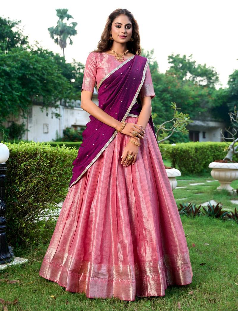 pink art silk printed Onam lehenga choli