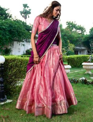 pink art silk printed Onam lehenga choli 2