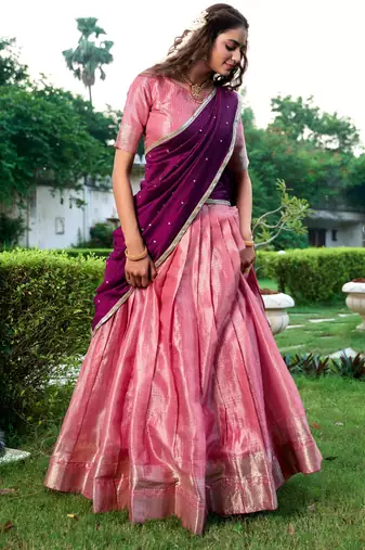 pink art silk printed Onam lehenga choli