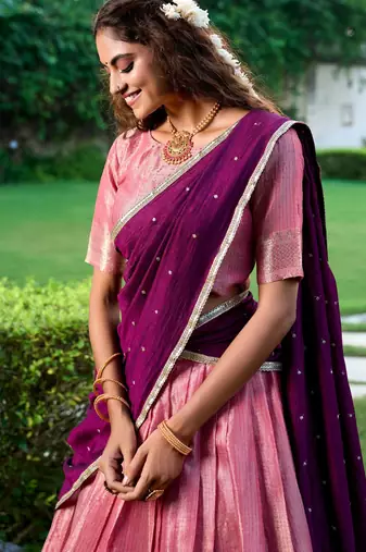 pink art silk printed Onam lehenga choli