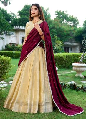 cream art silk printed Onam lehenga choli 1