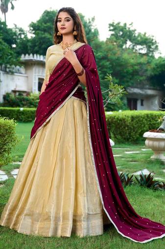 cream art silk printed Onam lehenga choli