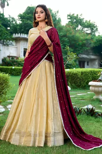 cream art silk printed Onam lehenga choli