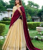cream art silk printed Onam lehenga choli