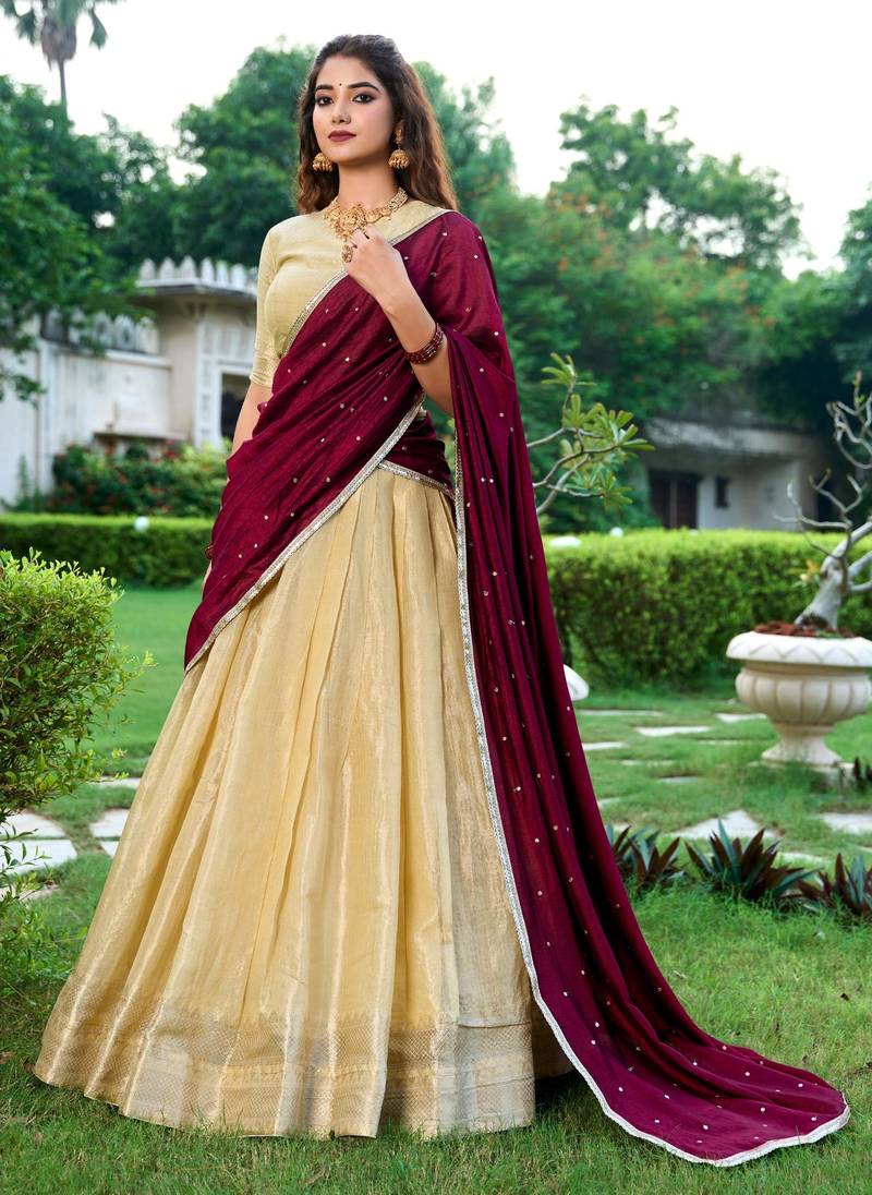 cream art silk printed Onam lehenga choli