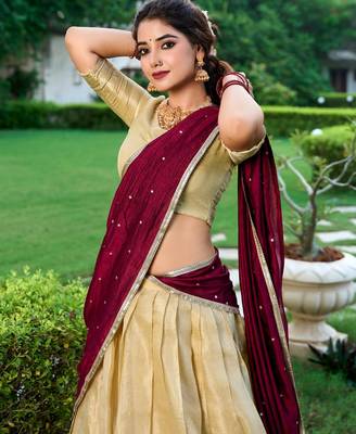 cream art silk printed Onam lehenga choli 3
