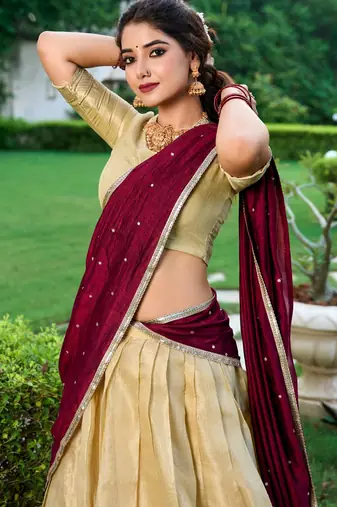 cream art silk printed Onam lehenga choli